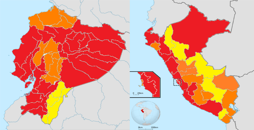 Mapa de Perú y Ecuador con las regiones afectadas por El Niño costero de 2016-2017 coloreadas según su nivel de afectación.